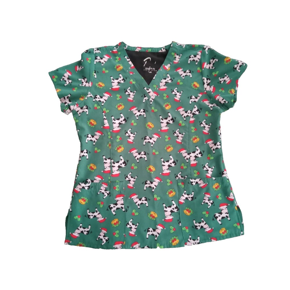 Maevn Short Sleeve Small green with Santa Cows scrub top Polyester Blend